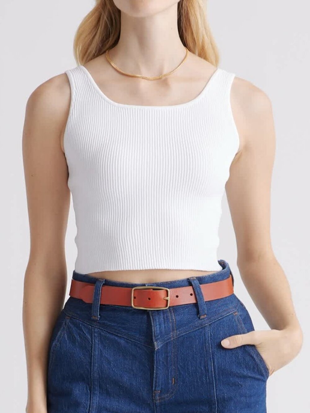Quince Cropped Square Neck Ribbed Tank White Size Small